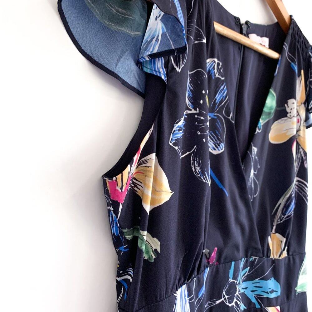 Parker Cosmic Fleur Flutter Short Sleeve Mini Ruffle Dress Navy Multi Small - Picture 7 of 16